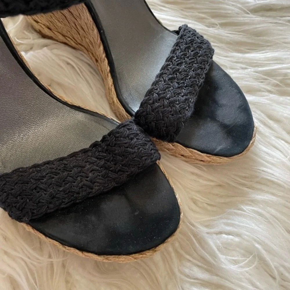 Stuart Weitzman Alex‎ black espadrille woven wedge sandals size 9.5